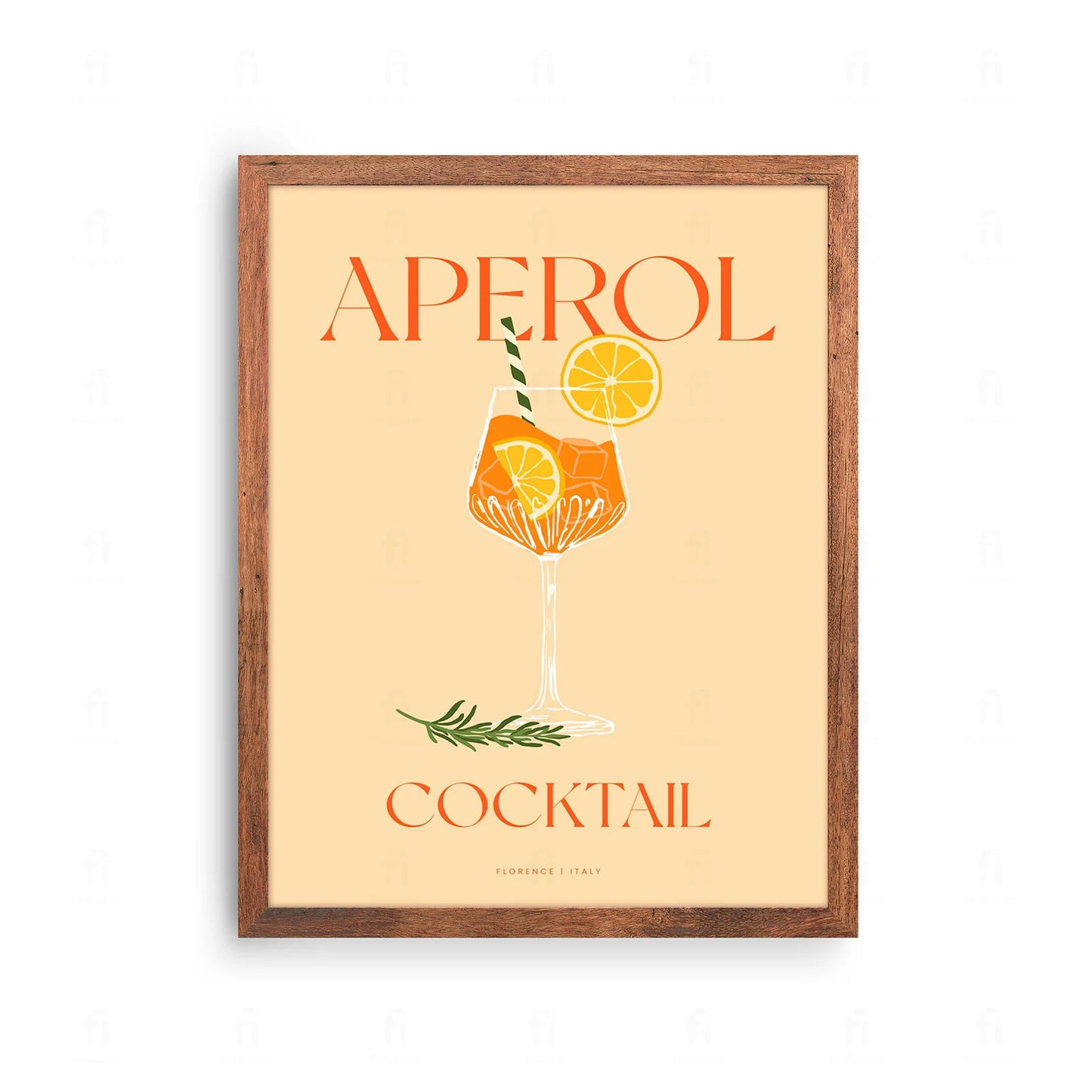 Plakat z artystyczną grafiką przedstawiającą koktajl Aperol Spritz w kieliszku.
