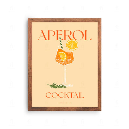Plakat z artystyczną grafiką przedstawiającą koktajl Aperol Spritz w kieliszku.
