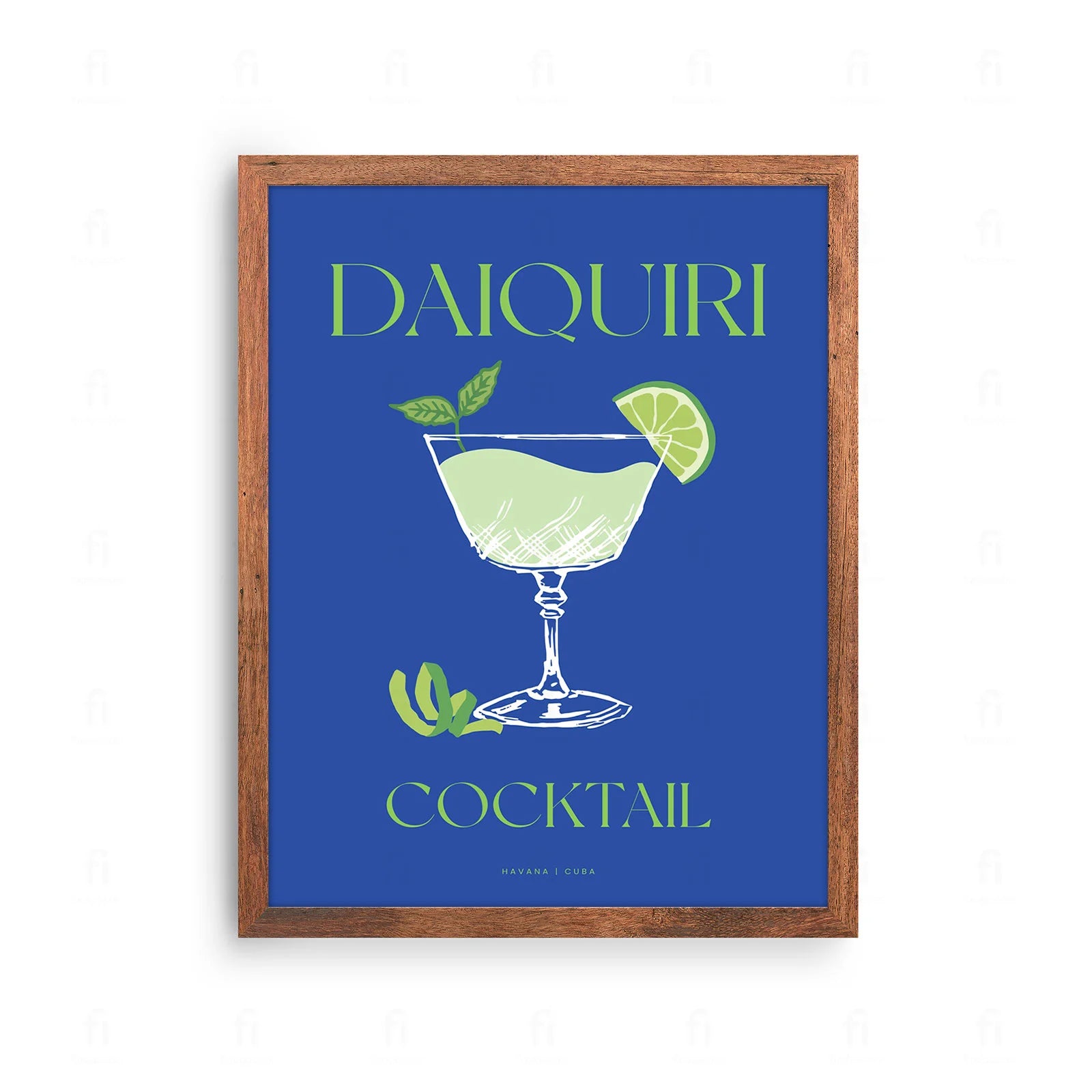 Plakat z orzeźwiającą grafiką przedstawiającą koktajl Daiquiri w kieliszku koktajlowym.
