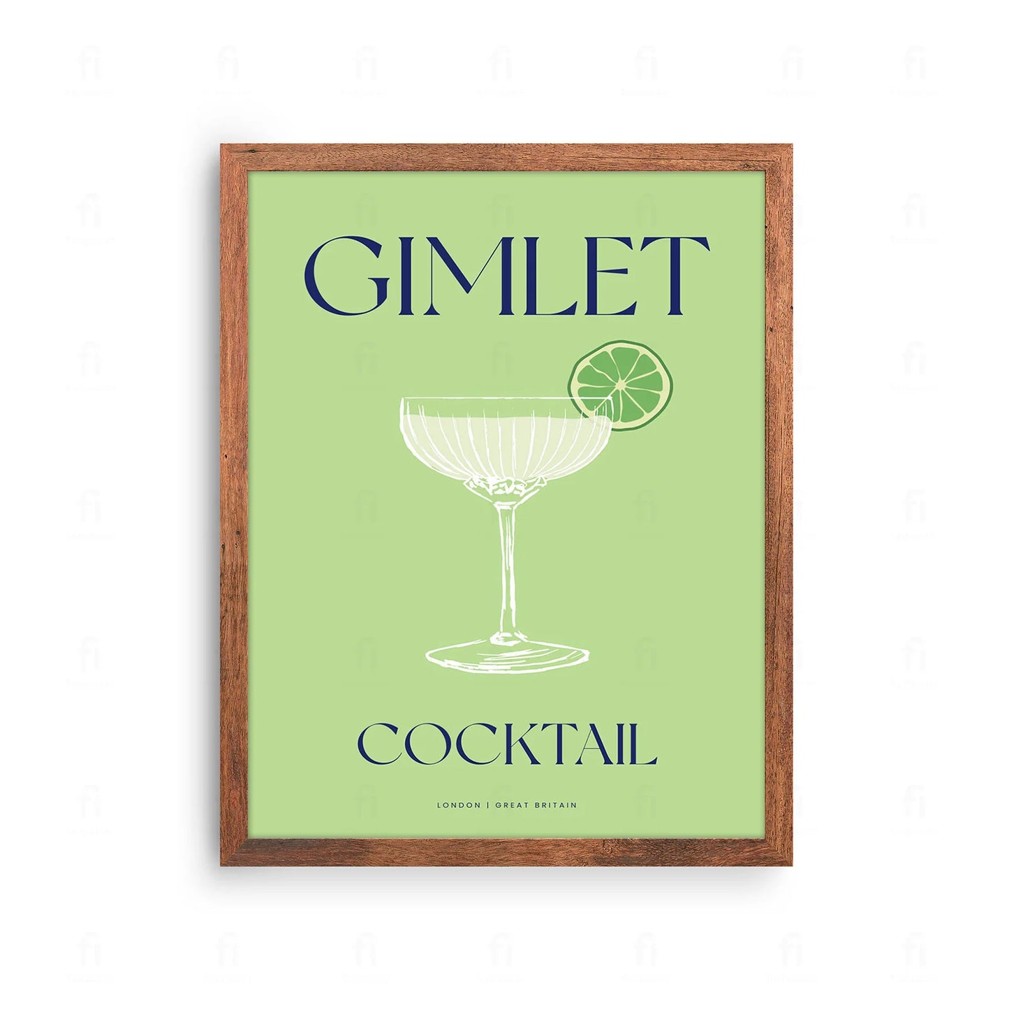  Plakat z klasyczną grafiką przedstawiającą koktajl Gimlet w kieliszku koktajlowym z plasterkiem limonki.
