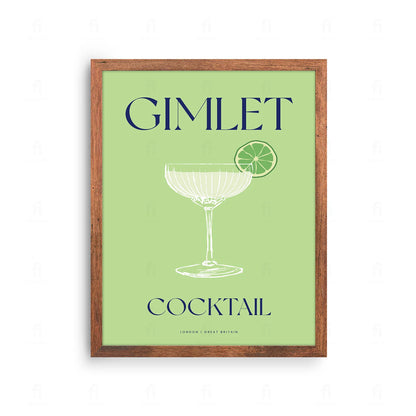  Plakat z klasyczną grafiką przedstawiającą koktajl Gimlet w kieliszku koktajlowym z plasterkiem limonki.

