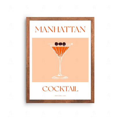 Plakat z klasyczną grafiką przedstawiającą koktajl Manhattan w kieliszku koktajlowym