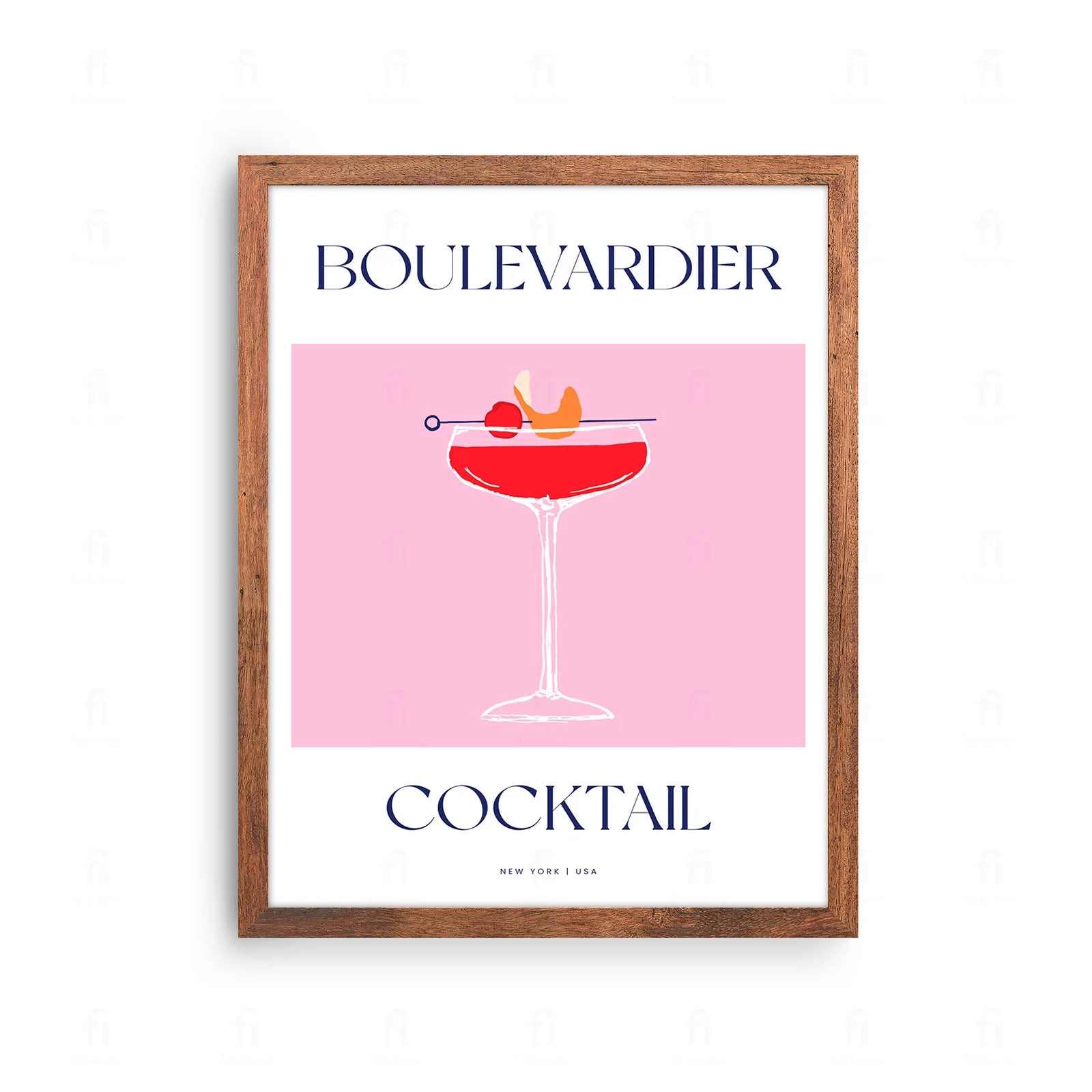 Plakat z klasyczną grafiką przedstawiającą koktajl Boulevardier w niskiej szklance.
