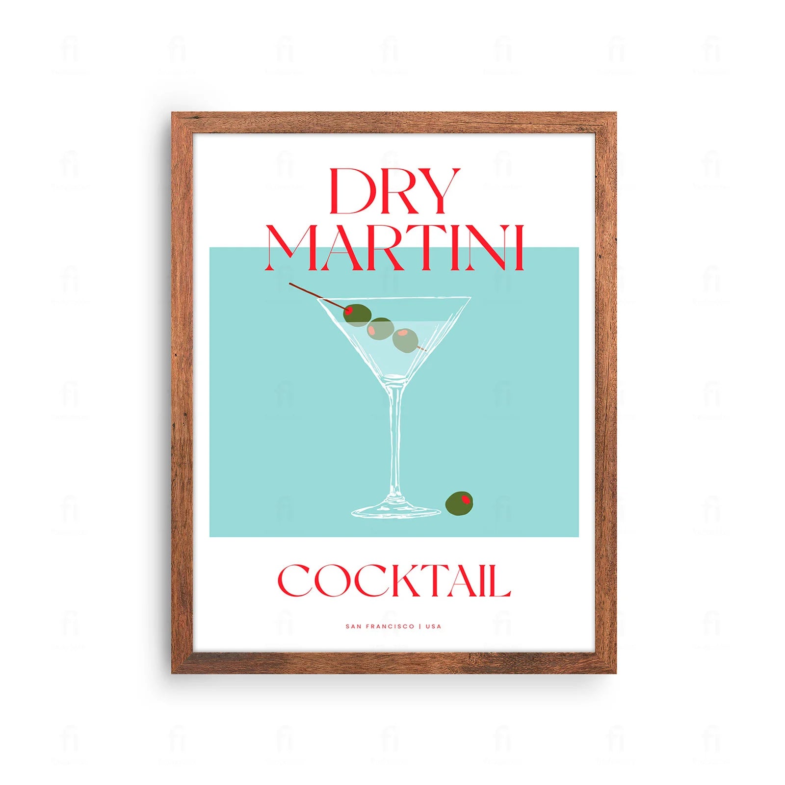 Plakat z grafiką w stylu retro przedstawiającą przepis na koktajl Dry Martini.
