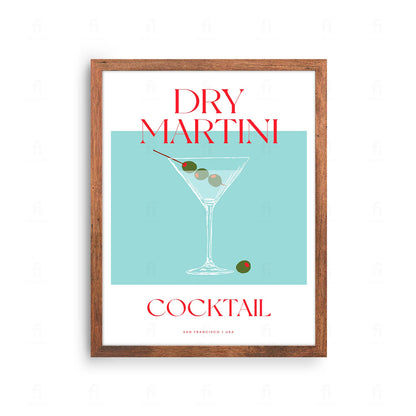 Plakat z grafiką w stylu retro przedstawiającą przepis na koktajl Dry Martini.
