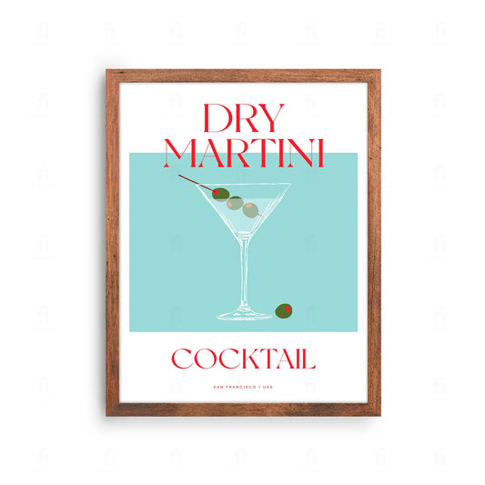 Plakat z grafiką w stylu retro przedstawiającą przepis na koktajl Dry Martini.
