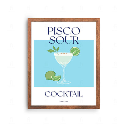 Plakat ze stylową grafiką przedstawiającą koktajl Pisco Sour w szklance.
