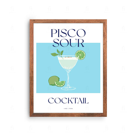 Plakat ze stylową grafiką przedstawiającą koktajl Pisco Sour w szklance.
