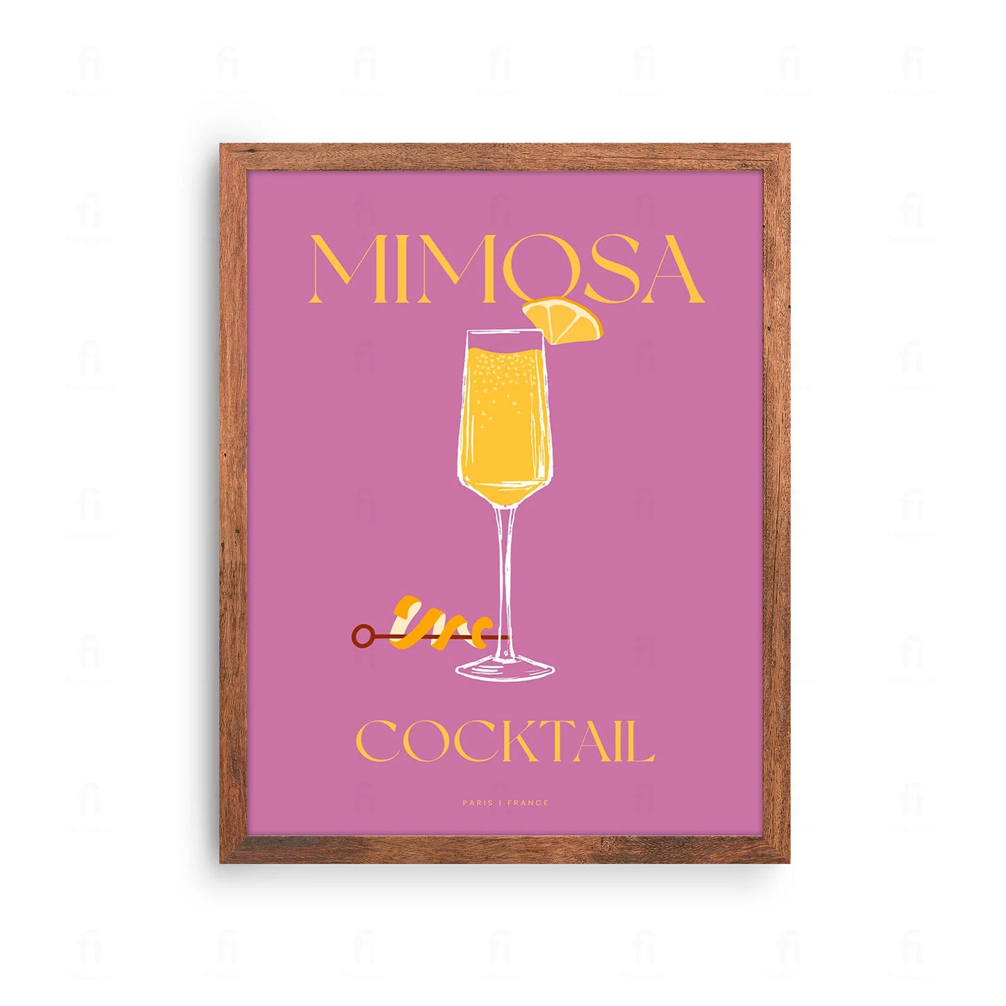  Plakat ze stylową grafiką przedstawiającą koktajl Mimosa w kieliszku do szampana.
