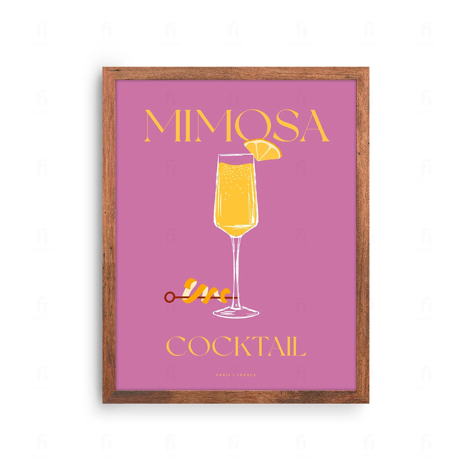  Plakat ze stylową grafiką przedstawiającą koktajl Mimosa w kieliszku do szampana.

