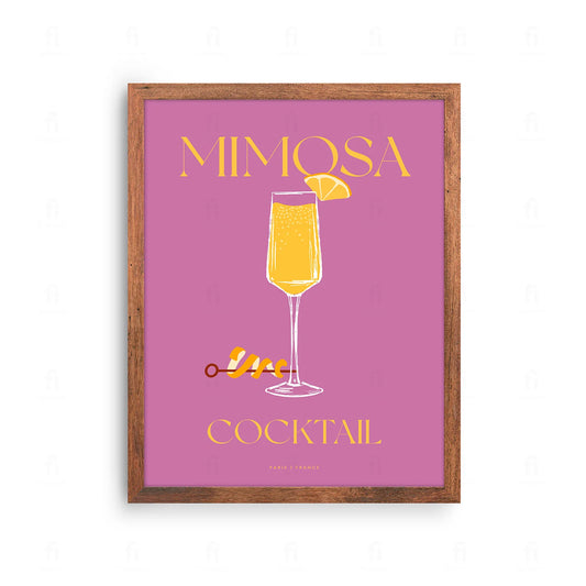  Plakat ze stylową grafiką przedstawiającą koktajl Mimosa w kieliszku do szampana.
