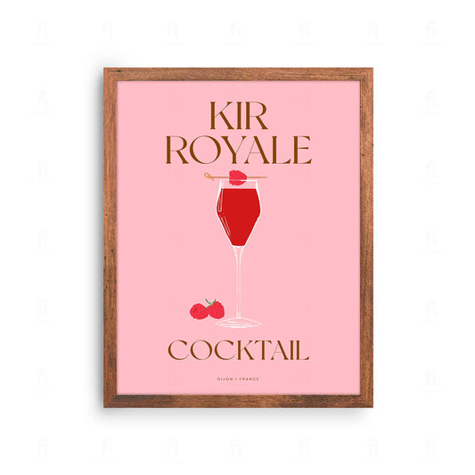 Plakat z elegancką grafiką przedstawiającą koktajl Kir Royale w kieliszku do szampana.
