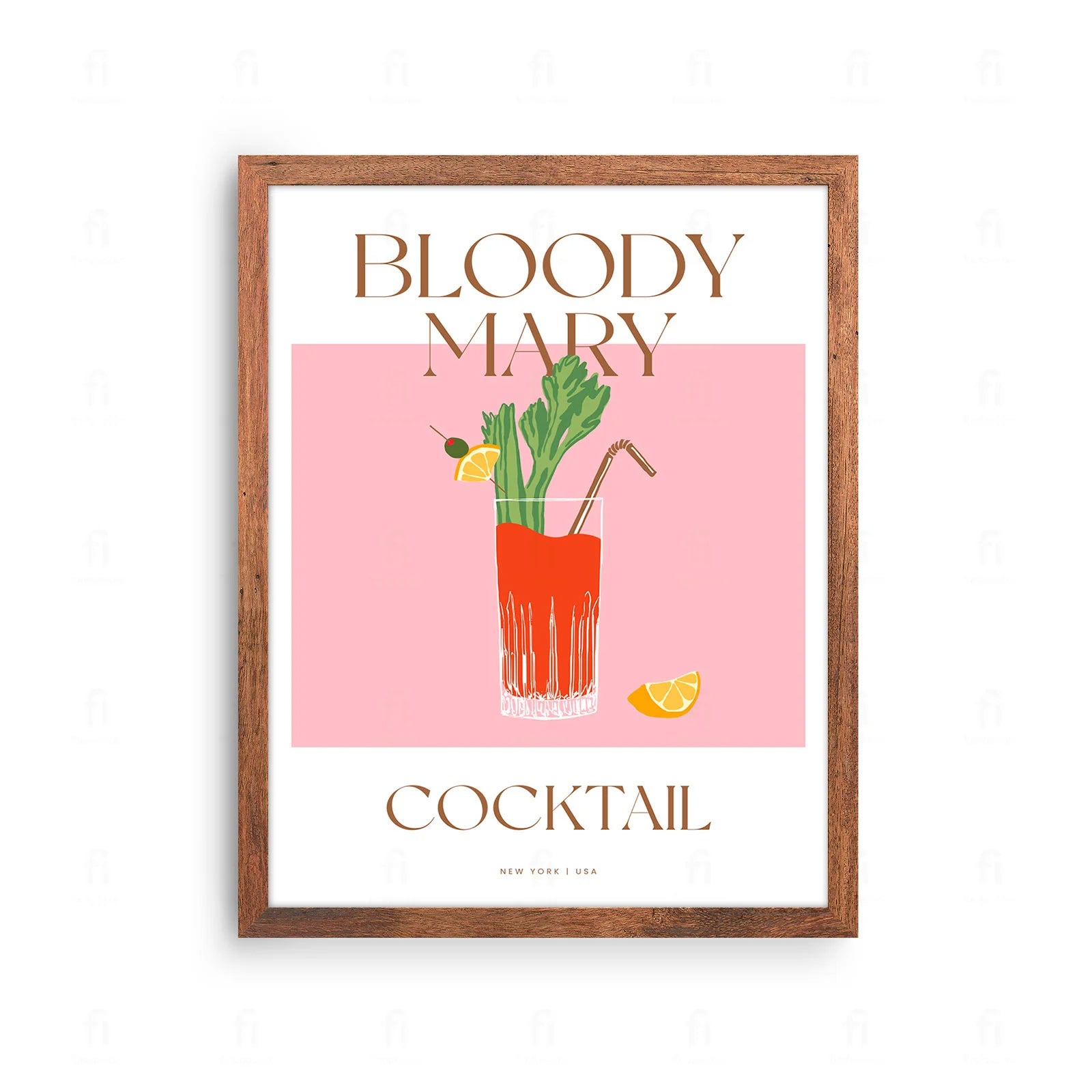 Plakat z klasyczną grafiką przedstawiającą koktajl Bloody Mary z selerem naciowym.
