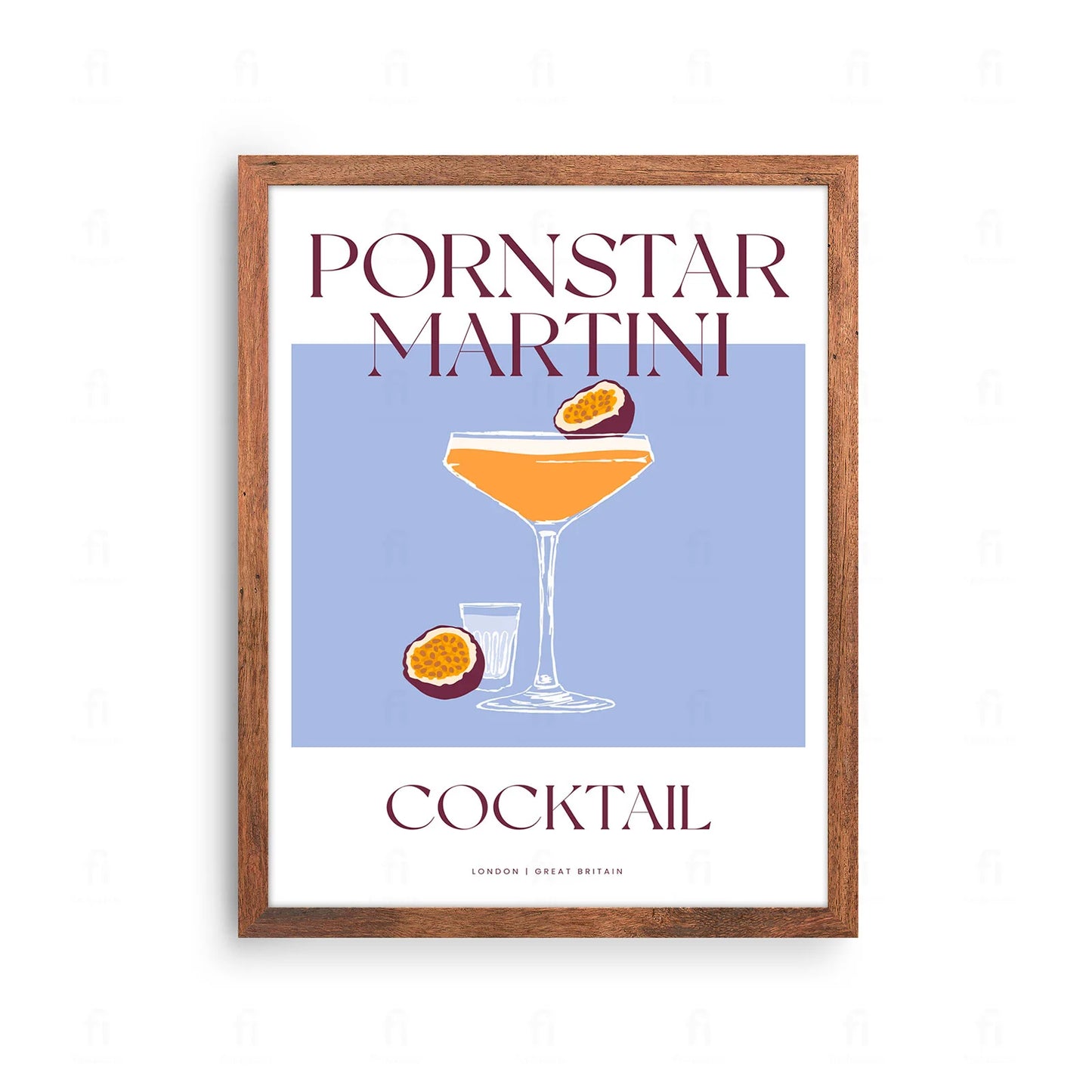 Plakat ze stylową grafiką przedstawiającą koktajl Pornstar Martini w kieliszku koktajlowym.
