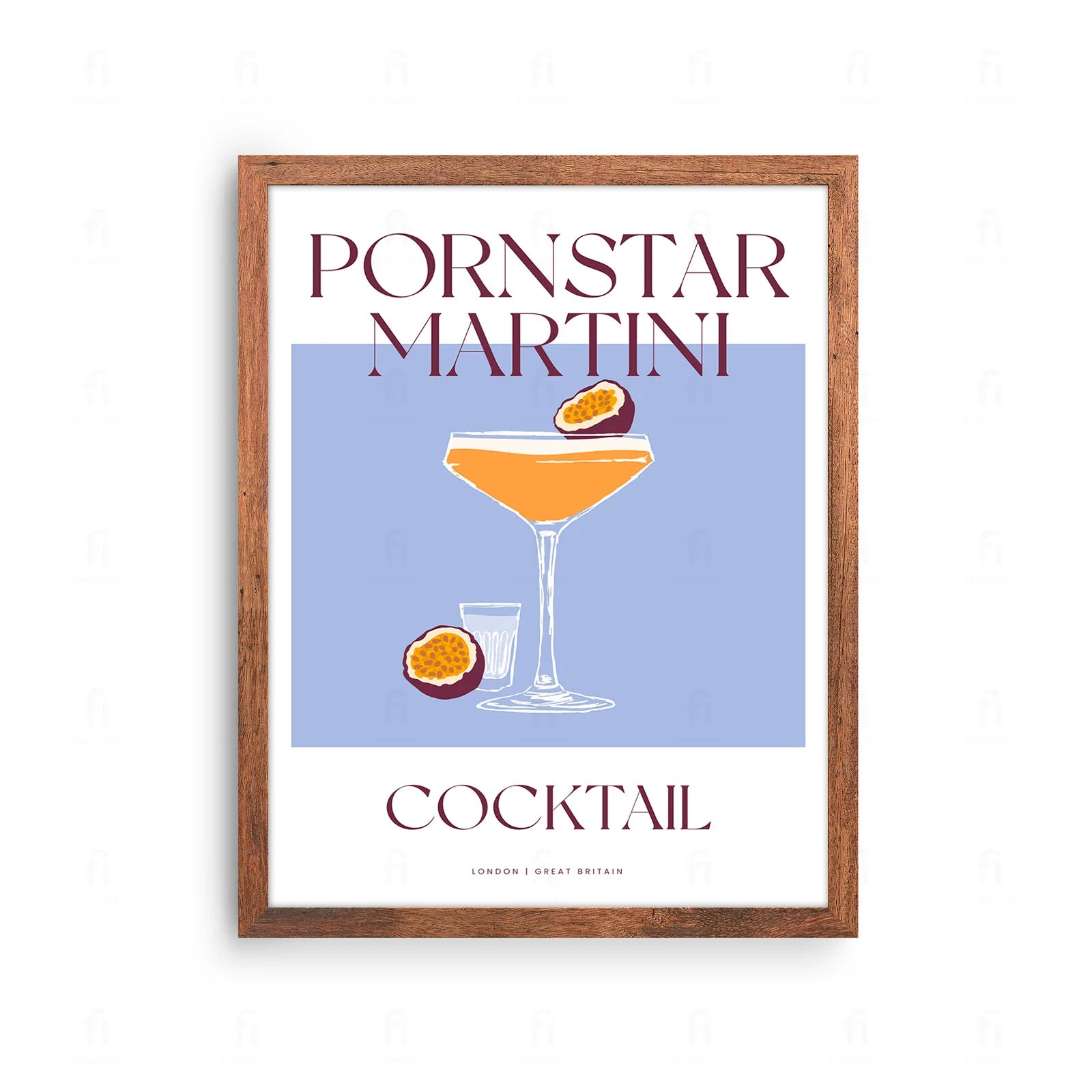 Plakat ze stylową grafiką przedstawiającą koktajl Pornstar Martini w kieliszku koktajlowym.
