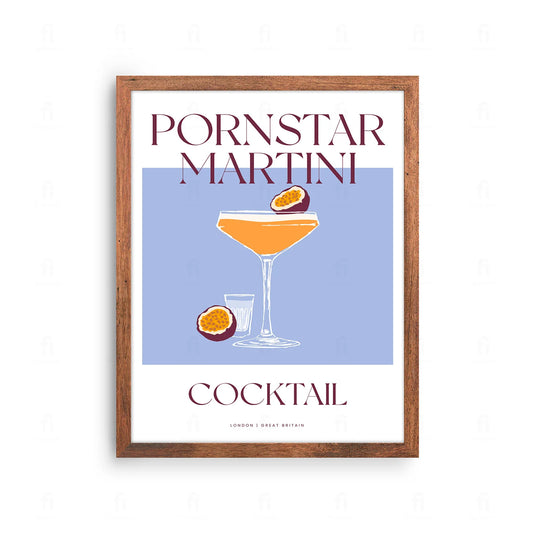 Plakat ze stylową grafiką przedstawiającą koktajl Pornstar Martini w kieliszku koktajlowym.
