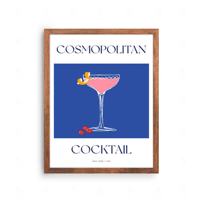  Plakat ze stylową grafiką przedstawiającą koktajl Cosmopolitan w kieliszku koktajlowym.
