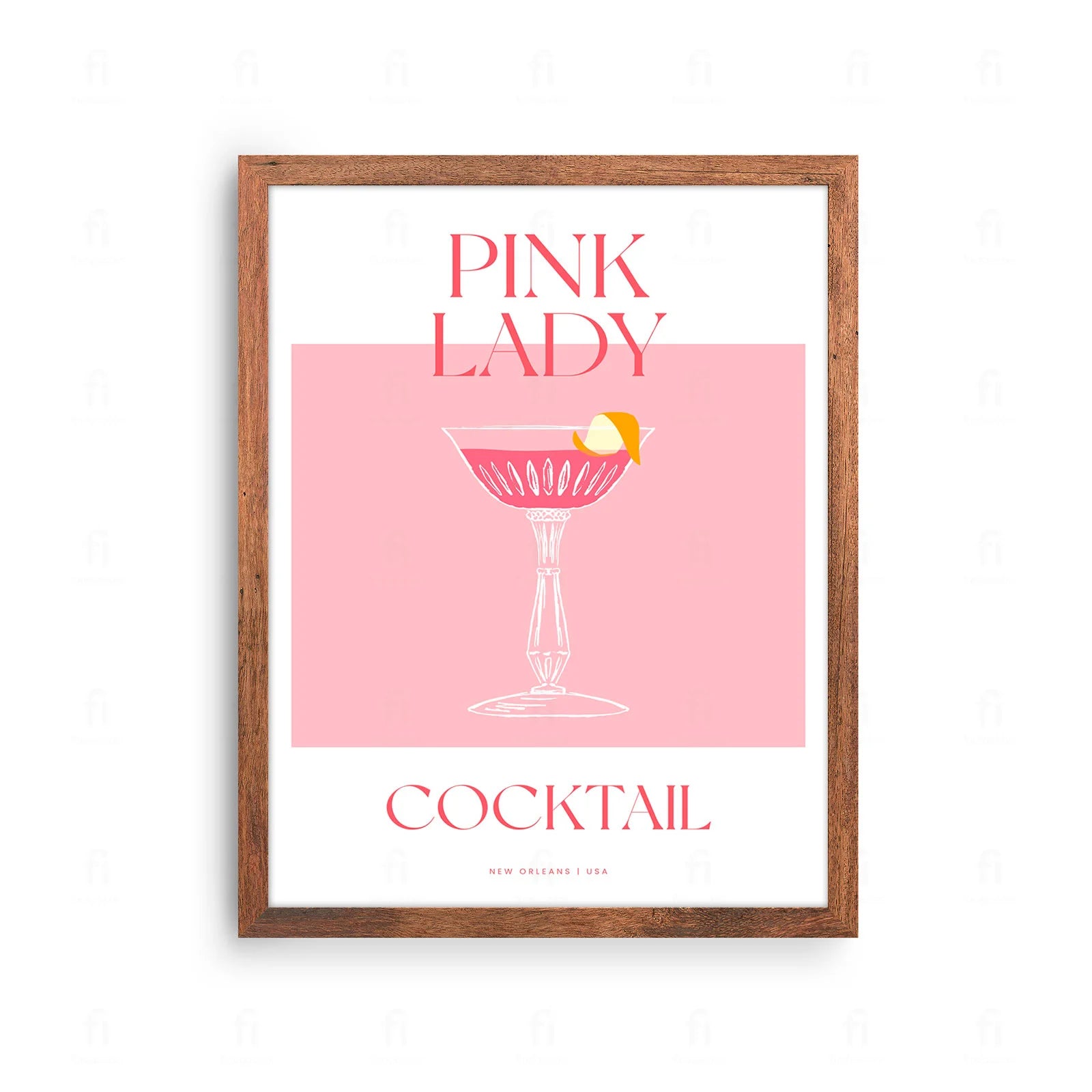 Plakat z elegancką grafiką przedstawiającą różowy koktajl Pink Lady w kieliszku koktajlowym.
