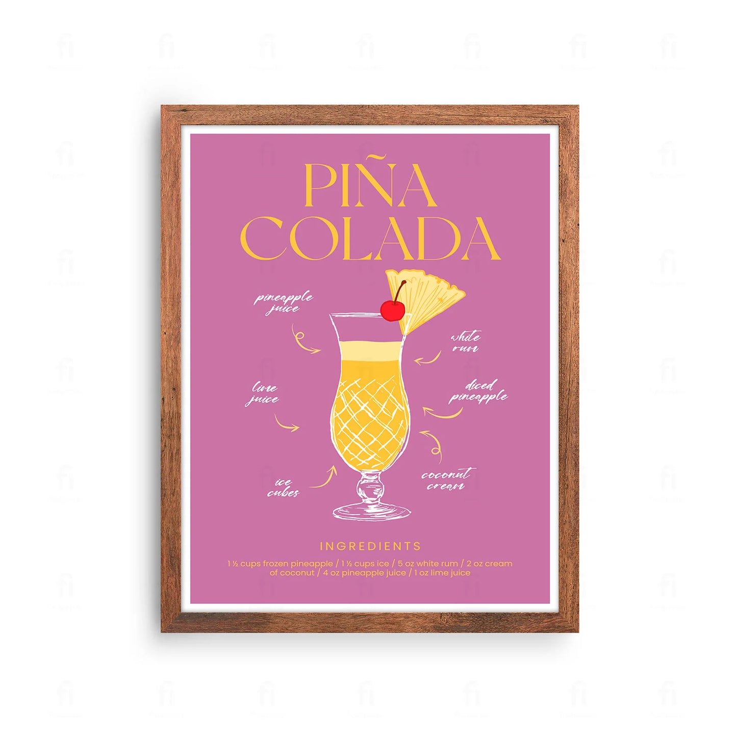 Plakat z grafiką w stylu retro przedstawiającą przepis na koktajl Piña Colada.

