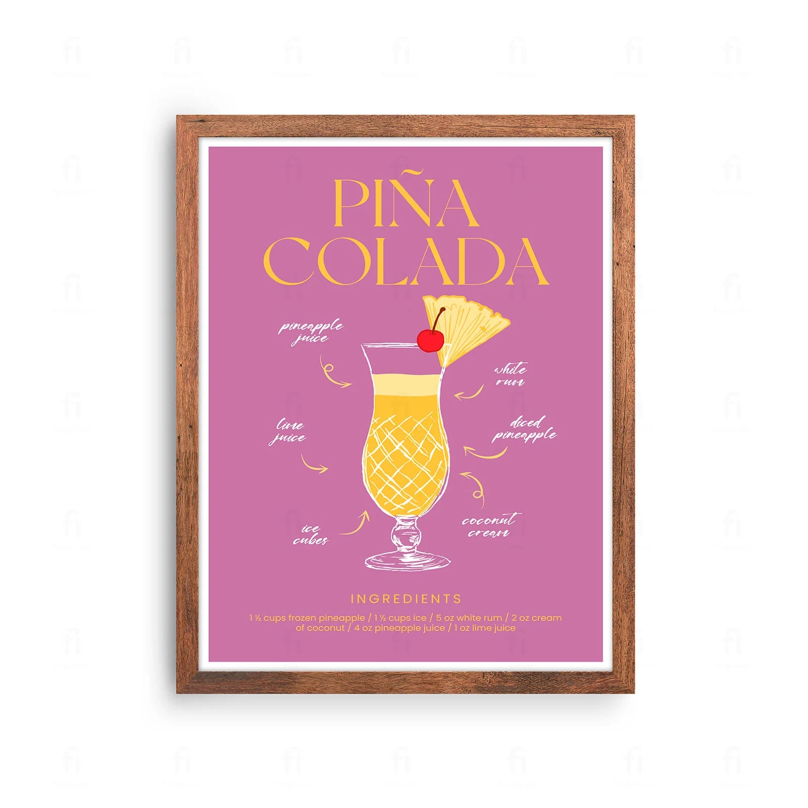 Plakat z grafiką w stylu retro przedstawiającą przepis na koktajl Piña Colada.

