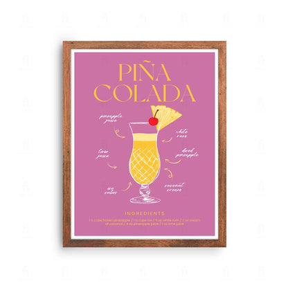 Plakat z grafiką w stylu retro przedstawiającą przepis na koktajl Piña Colada.
