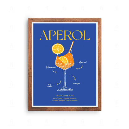 Plakat z grafiką przedstawiającą przepis na koktajl Aperol Spritz.
