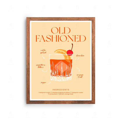  Plakat z grafiką w stylu retro przedstawiającą przepis na koktajl Old Fashioned.
