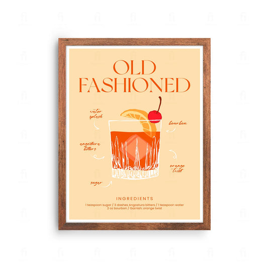  Plakat z grafiką w stylu retro przedstawiającą przepis na koktajl Old Fashioned.

