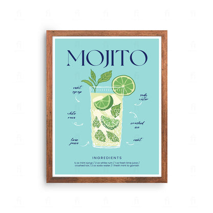 Plakat z grafiką przedstawiającą przepis na orzeźwiający koktajl Mojito.
