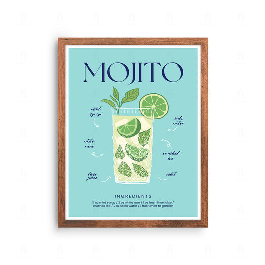 Plakat z grafiką przedstawiającą przepis na orzeźwiający koktajl Mojito.
