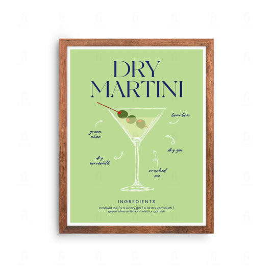 Plakat z minimalistyczną grafiką przedstawiającą koktajl Dry Martini z oliwką.
