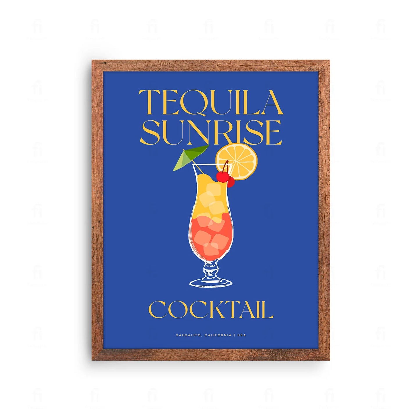 Plakat z kolorową grafiką przedstawiającą koktajl Tequila Sunrise z plasterkiem pomarańczy
