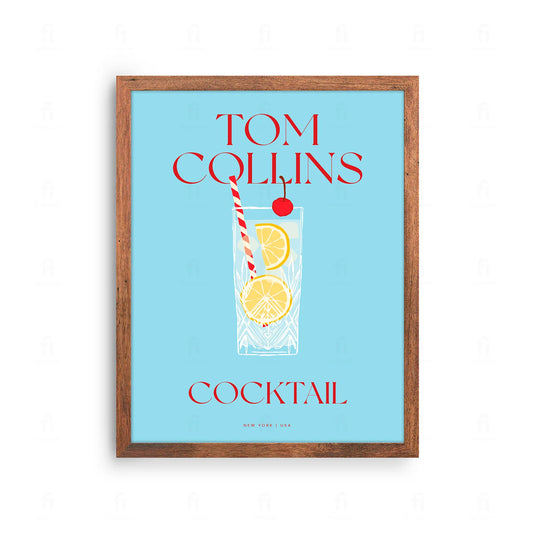  Plakat z klasyczną grafiką przedstawiającą koktajl Tom Collins w wysokiej szklance z cytryną.
