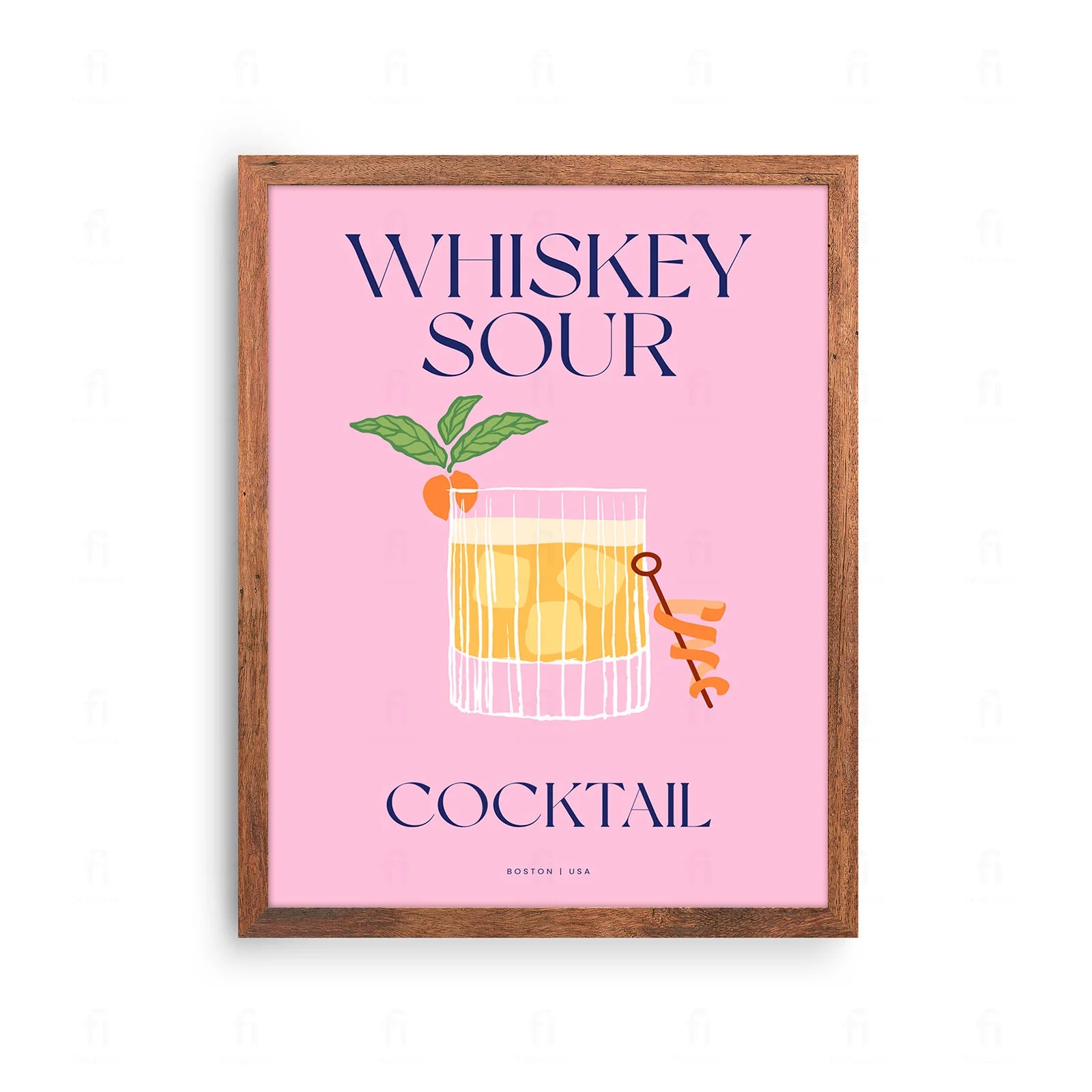 Plakat z elegancką grafiką przedstawiającą koktajl Whiskey Sour w niskiej szklance.
