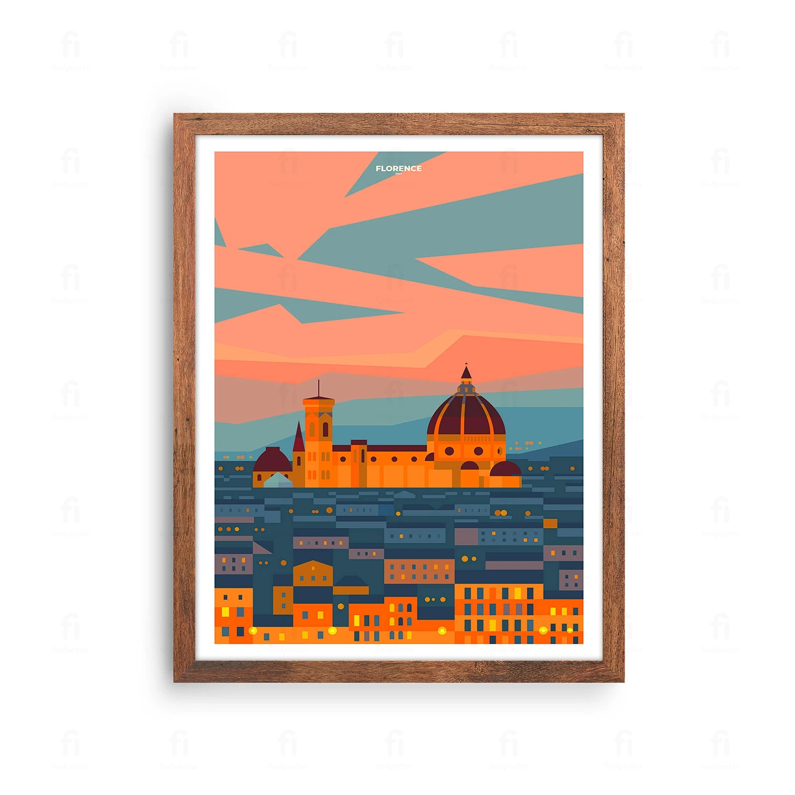 Plakat z artystyczną grafiką przedstawiającą panoramę Florencji we Włoszech z widokiem na katedrę.
