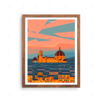Plakat z artystyczną grafiką przedstawiającą panoramę Florencji we Włoszech z widokiem na katedrę.
