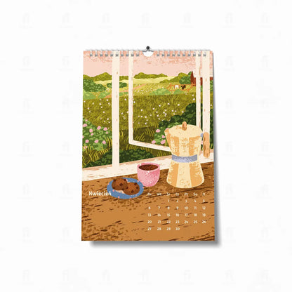 Plakat z ilustracją przedstawiającą kawiarkę, filiżankę kawy i ciastka na parapecie, z widokiem na wiosenną łąkę.
