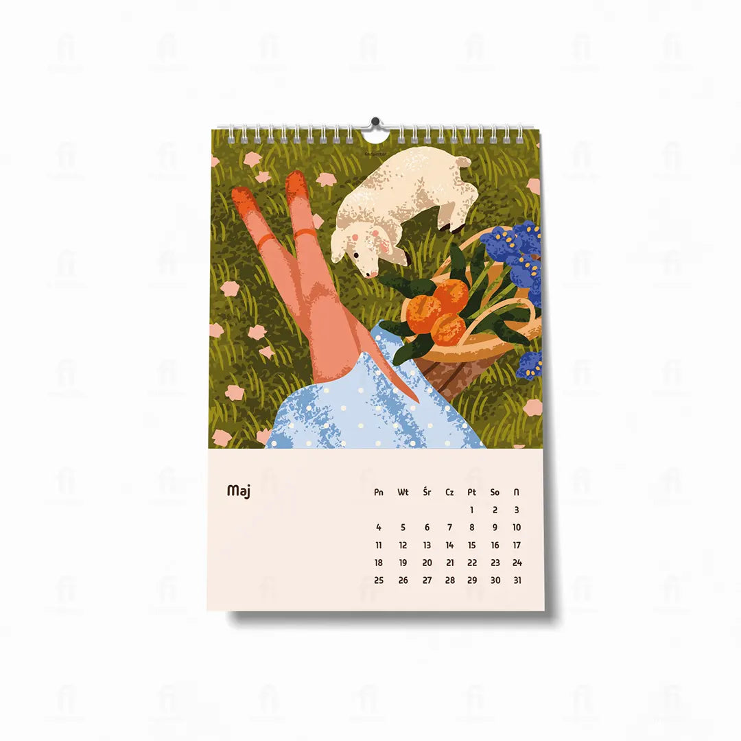 Kalendarz 2026 – majowa ilustracja leniwego pikniku na łące wprowadzającego spokój i relaks