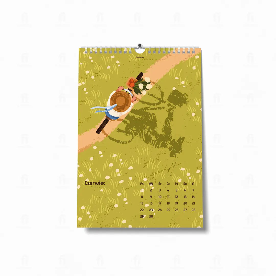 Plakat przedstawiający letnią przejażdżkę rowerem po łące.