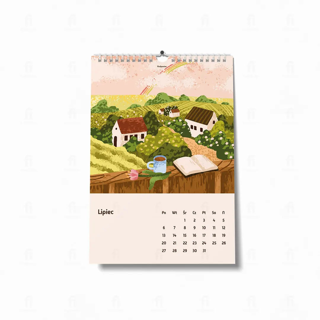 Kalendarz dekoracyjny 2026 – ilustracja lipca z sielankowym widokiem wiejskiego krajobrazu