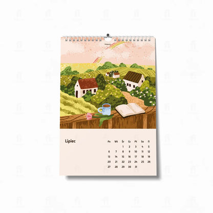Kalendarz dekoracyjny 2026 – ilustracja lipca z sielankowym widokiem wiejskiego krajobrazu