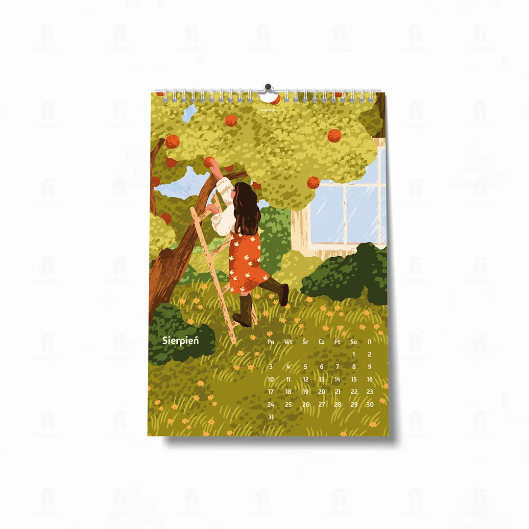 Plakat z ilustracją przedstawiającą dziewczynę na drabinie, która zrywa jabłka z jabłoni w ogrodzie.

