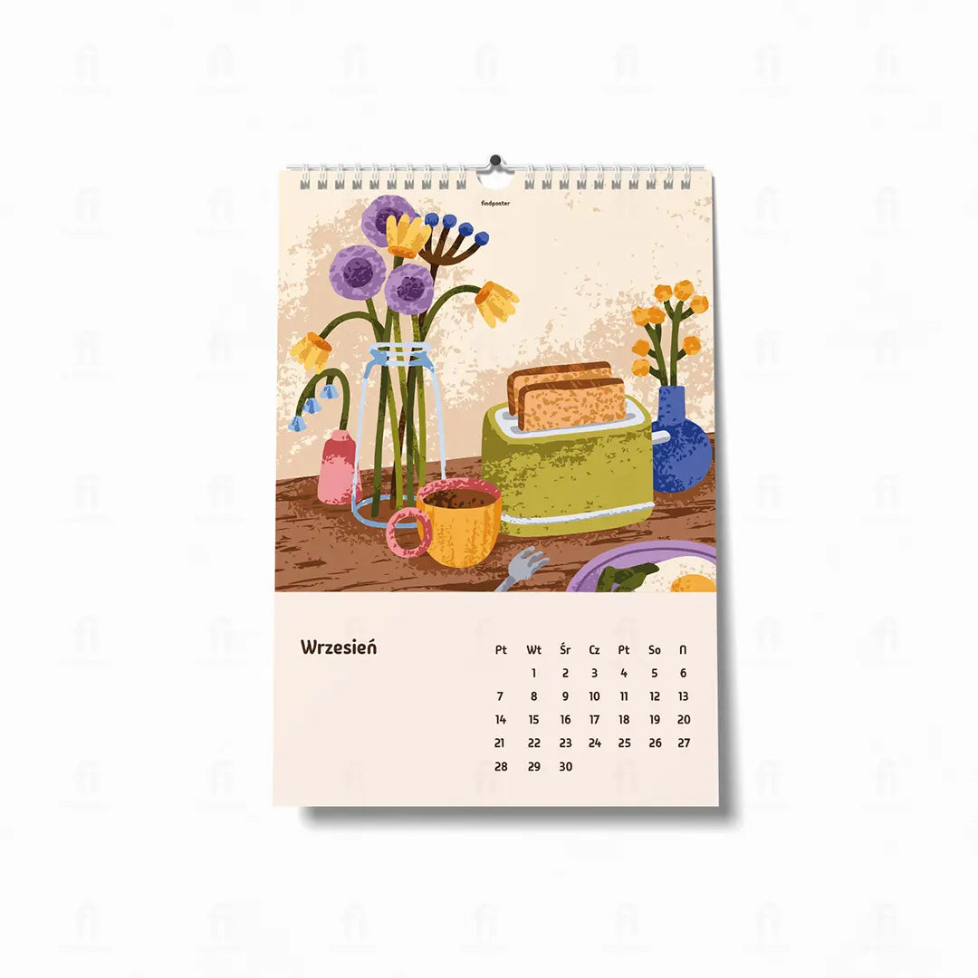 Kalendarz 2026 – wrześniowa ilustracja w ciepłych barwach: martwa natura z wazonem kwiatów, kawą i tosterem na stole”