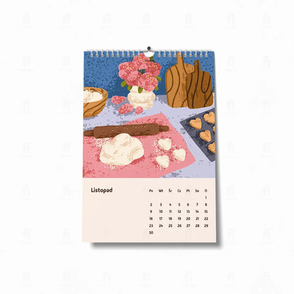 ilustracja przedstawia scenę pieczenia ciasteczek w kształcie serca, z wałkiem, mąką i bukietem kwiatów w tle.