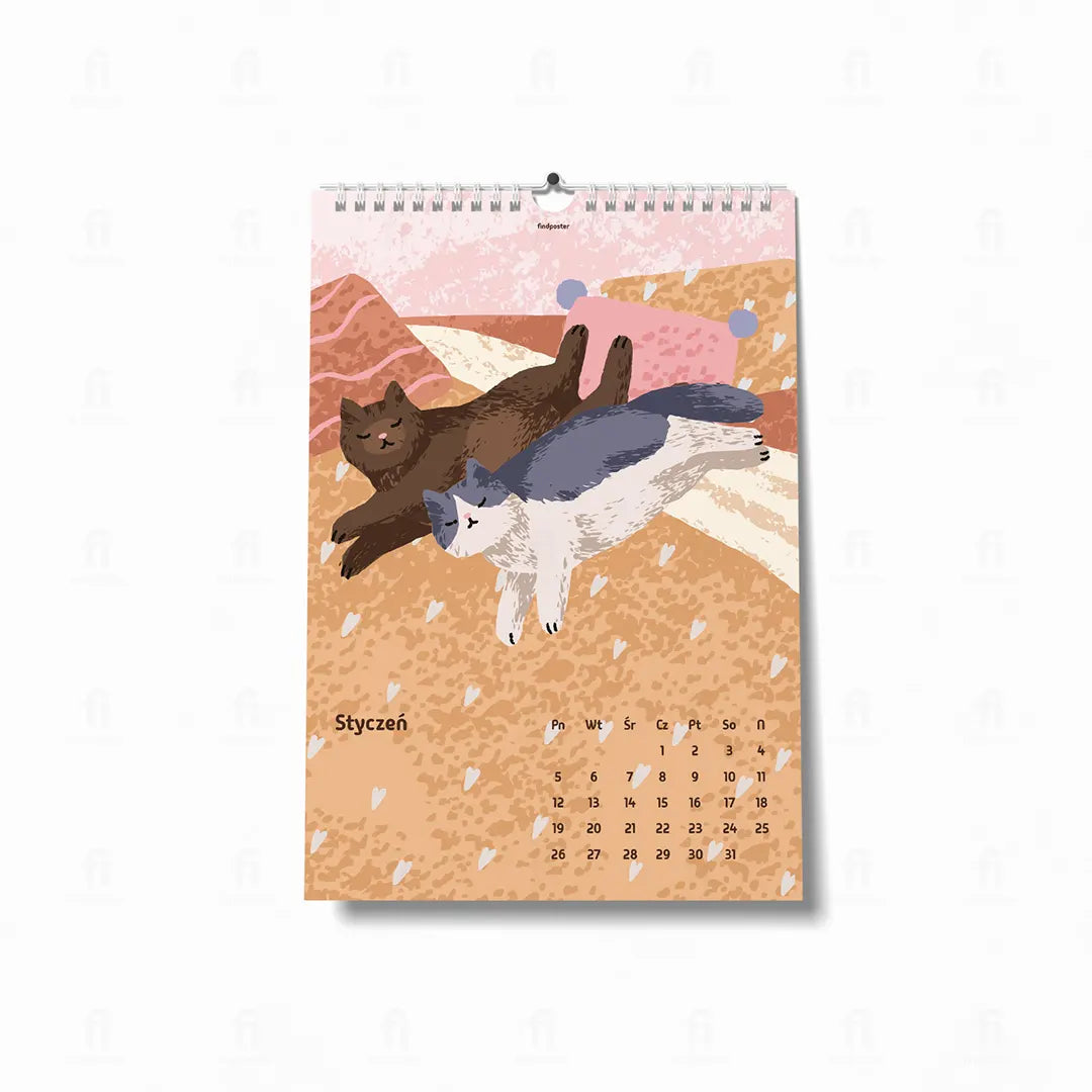Kalendarz ścienny 2026 – artystyczna ilustracja stycznia z kotami 