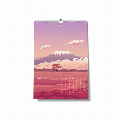 kalendarz-2026-kwiecień-grafiką przedstawiającą ośnieżony szczyt Kilimandżaro w Tanzanii.
