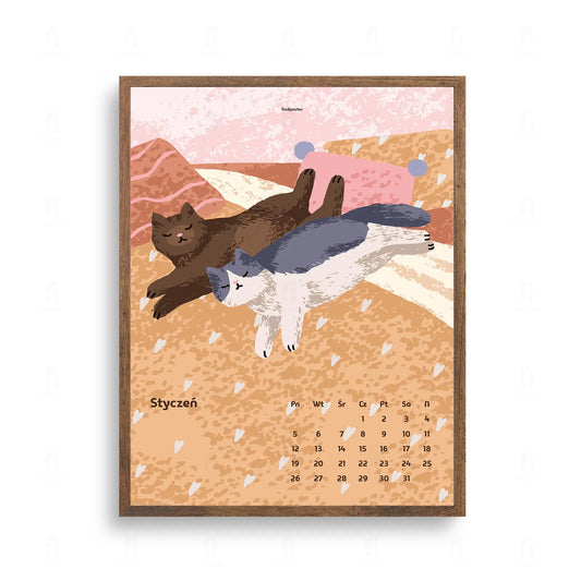 urocza i przytulna ilustracja przedstawia dwa śpiące koty, wtulone w miękki koc.