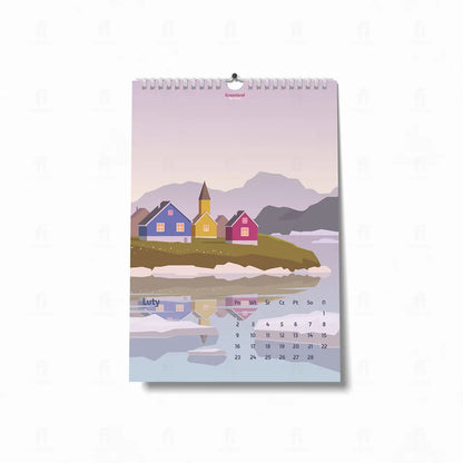 kalendarz_2026-Luty-grafiką przedstawiającą góry lodowe i arktyczny krajobraz Grenlandii.