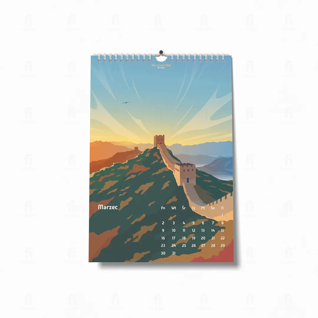 kalendarz_2026-Luty-Wielki Mur Chiński wijący się po zielonych wzgórzach.