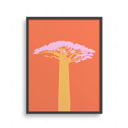 Plakat z grafiką przedstawiającą duży, rozłożysty baobab na tle ciepłego, pomarańczowego nieba.